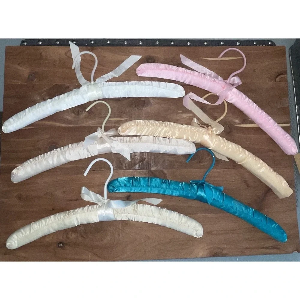 6 Vintage Pastel Padded Satin Lingerie Boudoir Clothes Hangers Lace Ribbon 15